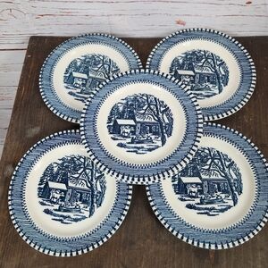 Currier & Ives Edwin M Knowles Country Life Blue Bread Plates Set Of 6